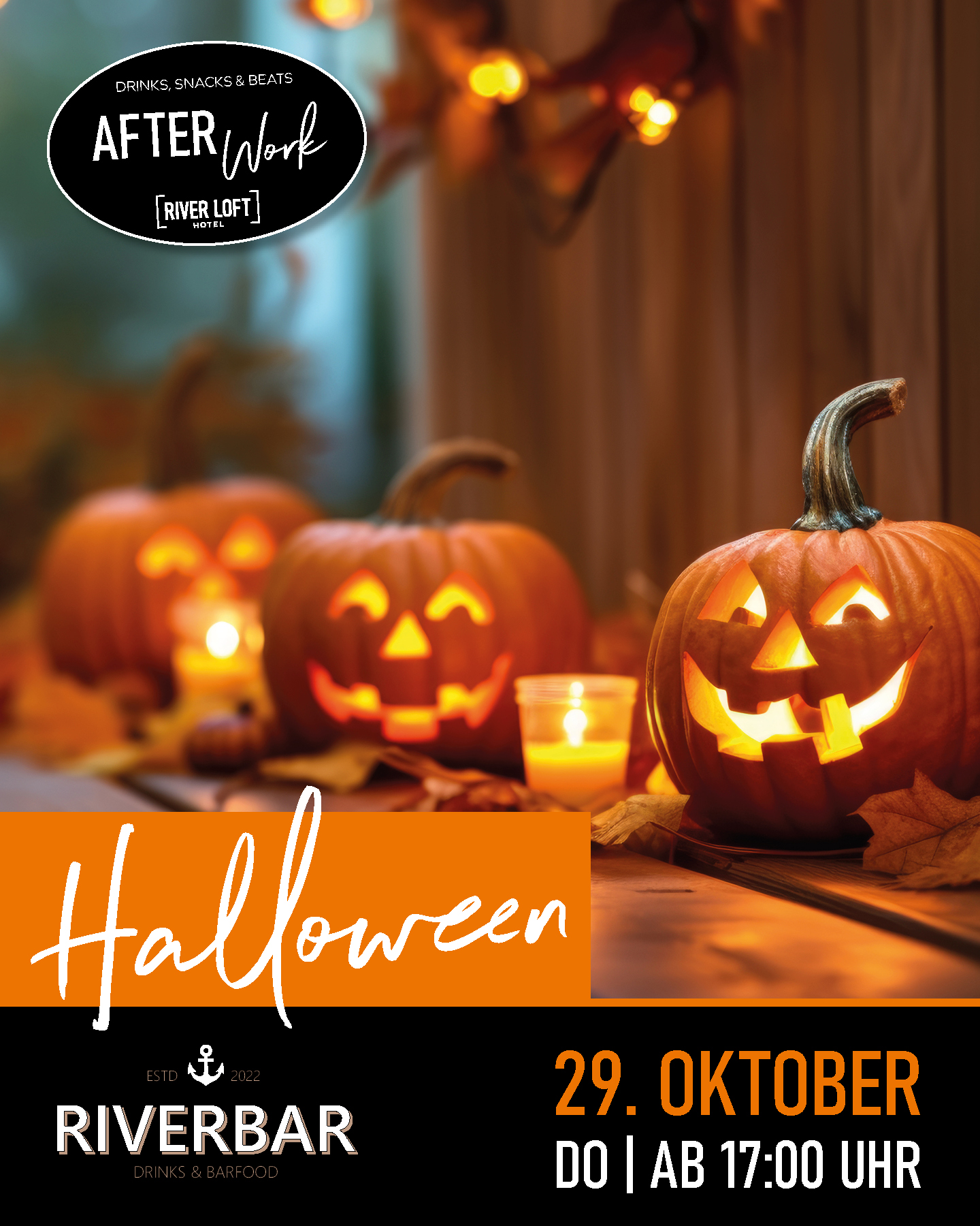 Werbung für ein Afterwork-Events, beworben für den 29. Oktober mit dem Motto Halloween ab 17:00 Uhr